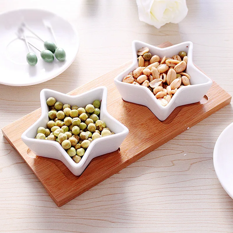 Japan Style Creative Decorative tableware white ceramic porcelain pentagram bowl*2 bamoo tray*1 snack dry fruit bowls 3pcs/set
Japan Style Creative Decorative tableware white ceramic porcelain pentagram bowl*2 bamoo tray*1 snack dry fruit bowls 3pcs/set