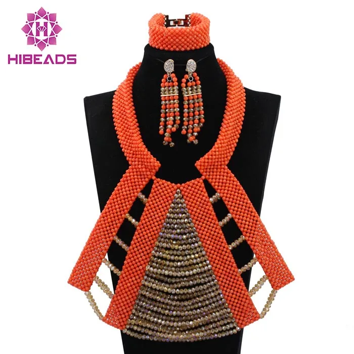 

Free Shipping! Luxury Big Costume African Coral Jewelry Sets Champagne Gold Bib Statement Wedding Necklace Set 2017 New ABL598
