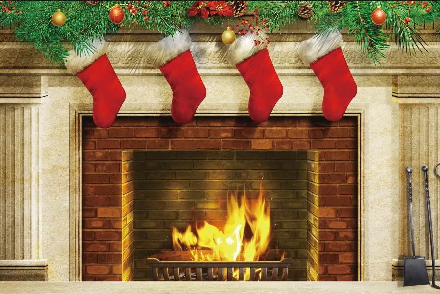 Laeacco Christmas Fireplace Stockings Pine Branch Baby Photography