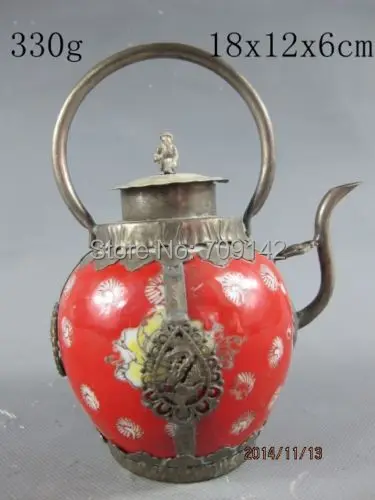 

Decoration crafts Collectible handwork Red porcelain Flowers teapot Silver Monkey lid statue Tibet Miao Antique Old Silver