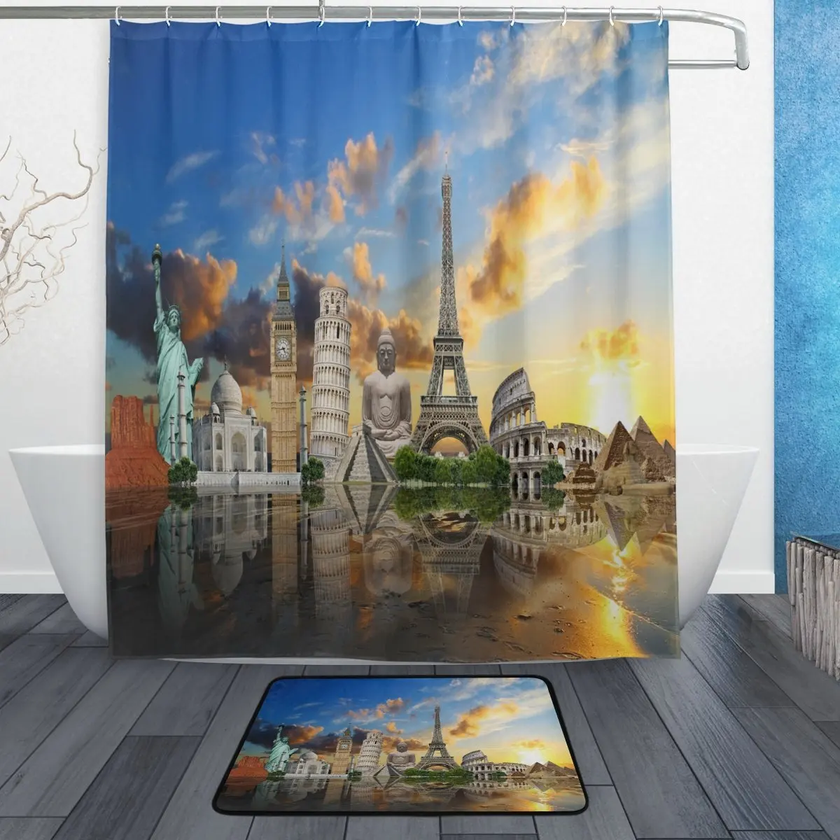 Statue of Liberty Eiffel Tower Big Ben Waterproof Polyester Fabric Shower Curtain with Hooks Doormat Bath Floor Mat Bathroom
Statue of Liberty Eiffel Tower Big Ben Waterproof Polyester Fabric Shower Curtain with Hooks Doormat Bath Floor Mat Bathroom