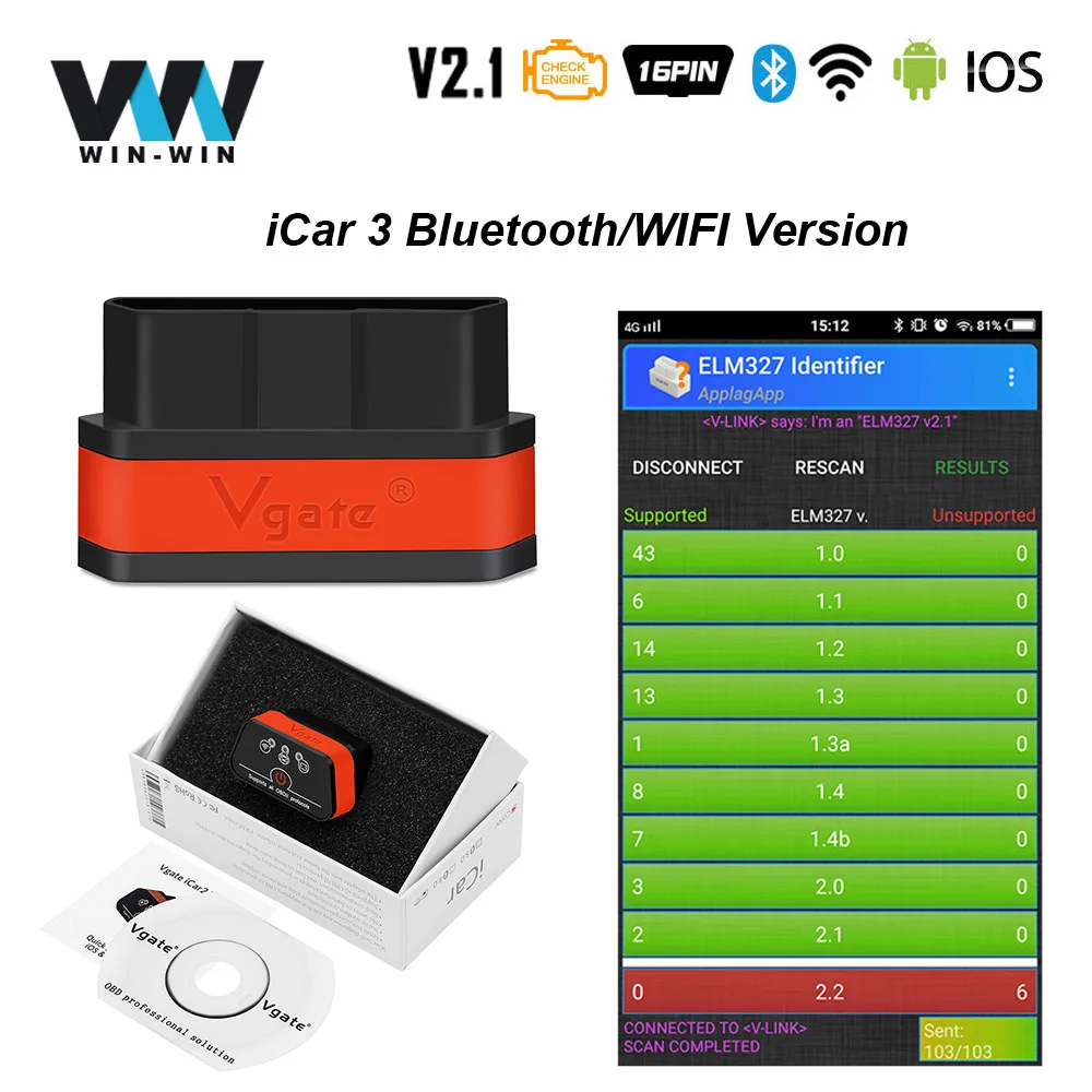 

Original Vgate iCar2 elm327 V2.1 OBD OBD2 Car Diagnostic Scanner Tool WIFI Bluetooth Easydiag For Android/IOS PK ELM 327 V1.5