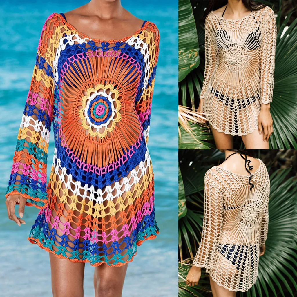 

New Bikinis 2019 mujer Women Summer Bikini Cover Up Swimwear Beach Rainbow Knit Sunscreen Skirt Dress Cover-ups Dropping Biquini