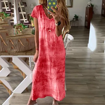 Women Summer Loose Casual Print V Neck Short Sleeved Cotton Slit Up Maxi Dress Casual Daily wear 2019 Vestido 
Women Summer Loose Casual Print V Neck Short Sleeved Cotton Slit Up Maxi Dress Casual Daily wear 2019 Vestido