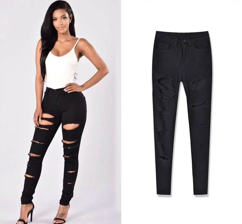 Women's personality hot style high-waisted stretch shows thin irregular broken pocket with large size denim trousers (7)