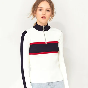 Daily casual style red and white striped pullover half-high collar metal ring zipper long sleeve pullover sweater
Daily casual style red and white striped pullover half-high collar metal ring zipper long sleeve pullover sweater