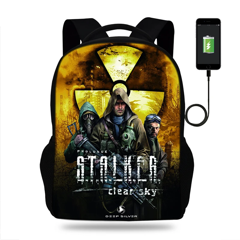 

17inch Stalker Shadow Of Chernobyl Mens College Backpack usb Charger Schoolbag for Laptop Backpacks for Teenage School Bag Boys