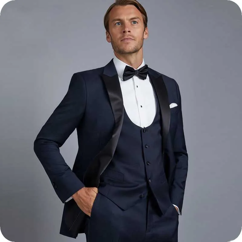 

Navy Blue Coat Pants Vest 3Piece Men Suits for Wedding Black Peaked Lapel Groom Tuxedos Smoking Jacket Terno Masculino Prom Suit