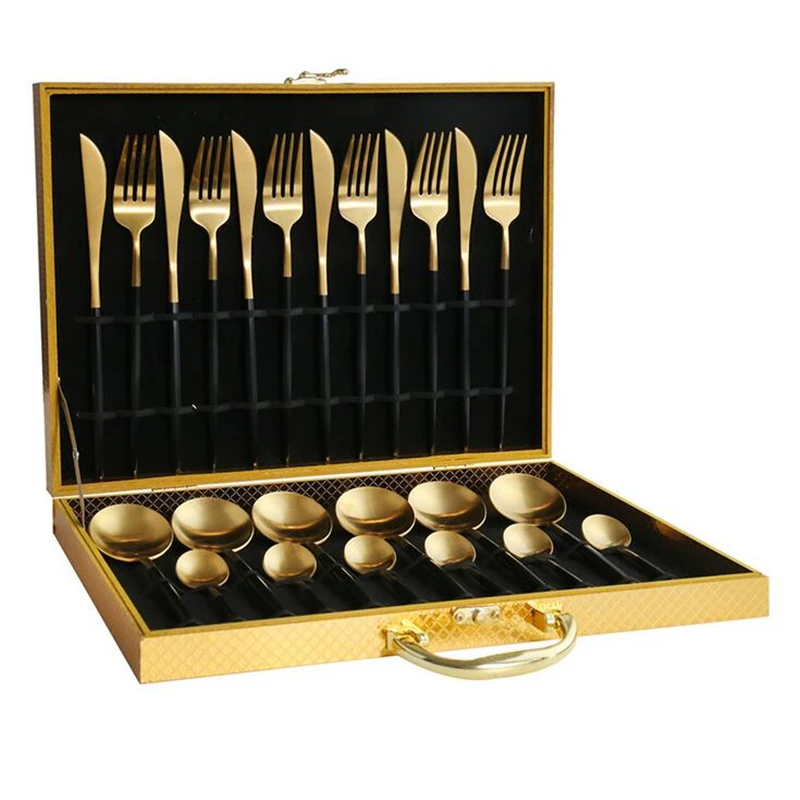 24pcs KuBac Hommi Black Gold 18/10 Stainless Steel Steak Knife Fork Black Silver Cutlery Set With Wooden Gift Box Drop Shipping
24pcs KuBac Hommi Black Gold 18/10 Stainless Steel Steak Knife Fork Black Silver Cutlery Set With Wooden Gift Box Drop Shipping