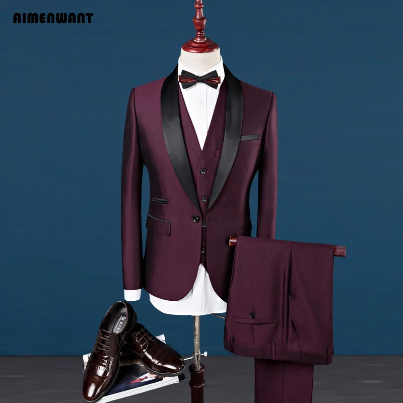 Image AIMENWANT S 4XL Mens Fashion Suit Wedding Wine Red Jacket+Pants+Vest 3piece Shawl Lapel Groom Wedding Tuxedos Suits Prom Blazer