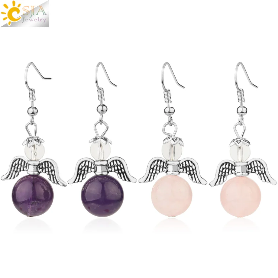 CSJA Natural Stone Angel Dangle Earrings Round Ball Beads Quartz Crystal Drop Earring Angel Wing Fashion Jewelry for Women G117
CSJA Natural Stone Angel Dangle Earrings Round Ball Beads Quartz Crystal Drop Earring Angel Wing Fashion Jewelry for Women G117