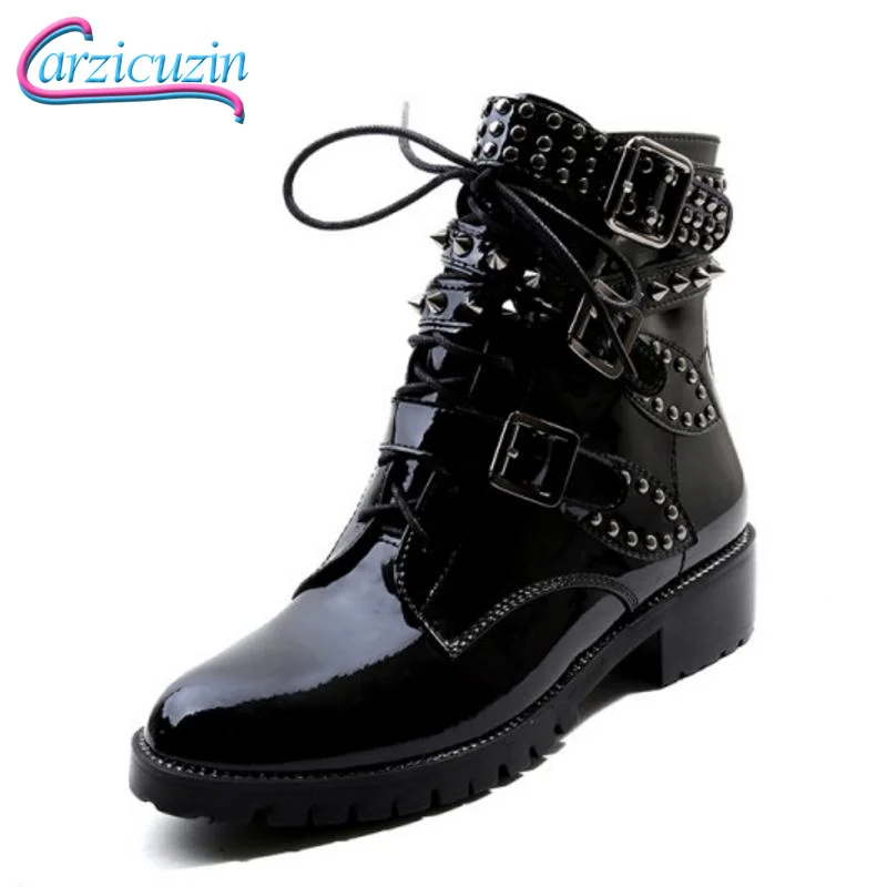 CarziCuzin Size 33-43 Women Ankle Boots Winter Patent Leather Shoes Woman Rivets Buckle Band Boots High Quality Fashion Shoes
