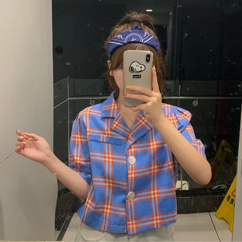 Vintage Plaid Short Design Basic Turn Down Collars Fashion Short Sleeve Loose 2019 Summer Female Women Top T-shirts
Vintage Plaid Short Design Basic Turn Down Collars Fashion Short Sleeve Loose 2019 Summer Female Women Top T-shirts