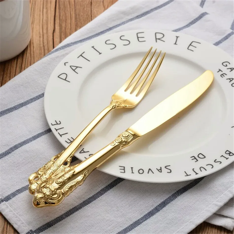 Retro Vintage Western Gold Plated Relief Cutlery Dining Knives Forks Teaspoon Set Golden Luxury Dinnerware Tableware Set 4 pcs (2)