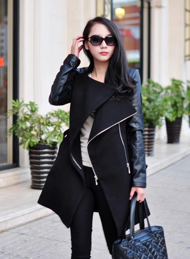 2019 Autumn Fashion Women Long Wool Blends Coat Zippers Long Sleeve Faux Leather Sleeve Patchwork Coat
2019 Autumn Fashion Women Long Wool Blends Coat Zippers Long Sleeve Faux Leather Sleeve Patchwork Coat