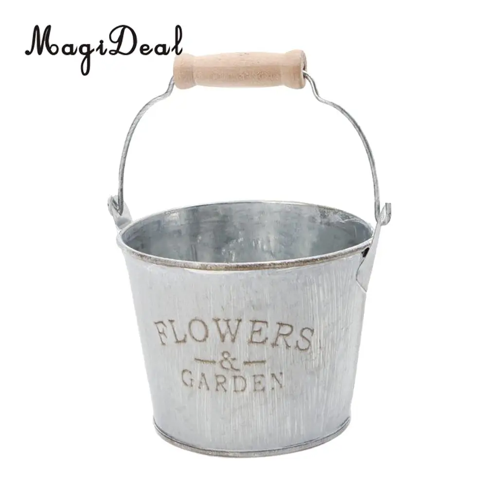 MagiDeal 2Pcs Vintage Metal Tin Hanging Pot Planter Pot Flower Bucket Barrel Basket Container for Balcony Fence Garden Lawn Home