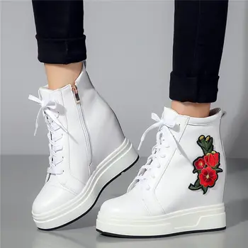 

Embroider Trainers Shoes Women Cow Leather High Heel Ankle Boots Wedges Platform Pumps Punk Sneakers Lace Up Hi-Top Tennis Shoes