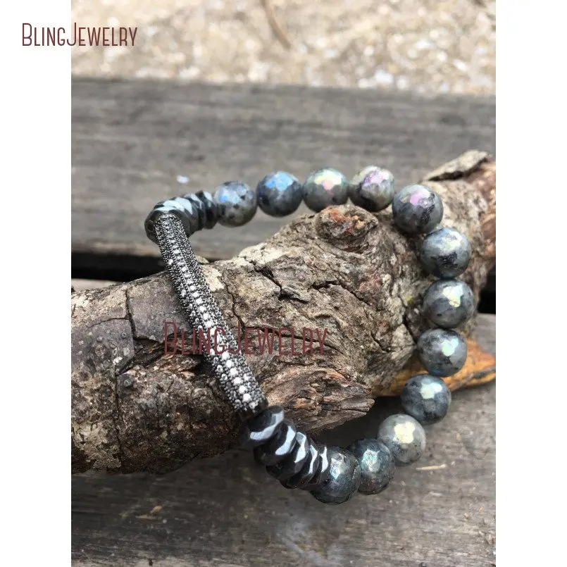 20180409-BM10766-Micro Pave Bar And Labradorite Beaded Stretch Bracelet Shabby Chic Stretch Bracelet Boho Layering Beaded Bracelet Stackable Bracelet Cz Pave_1