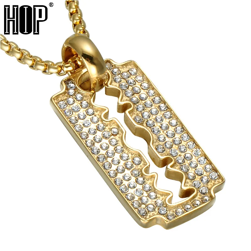 HIP Hop Gold Color Ice Out Micro Pave Full Rhinestone Stainless Steel Razor Blade Pendants & Necklace for Men Jewelry
HIP Hop Gold Color Ice Out Micro Pave Full Rhinestone Stainless Steel Razor Blade Pendants & Necklace for Men Jewelry