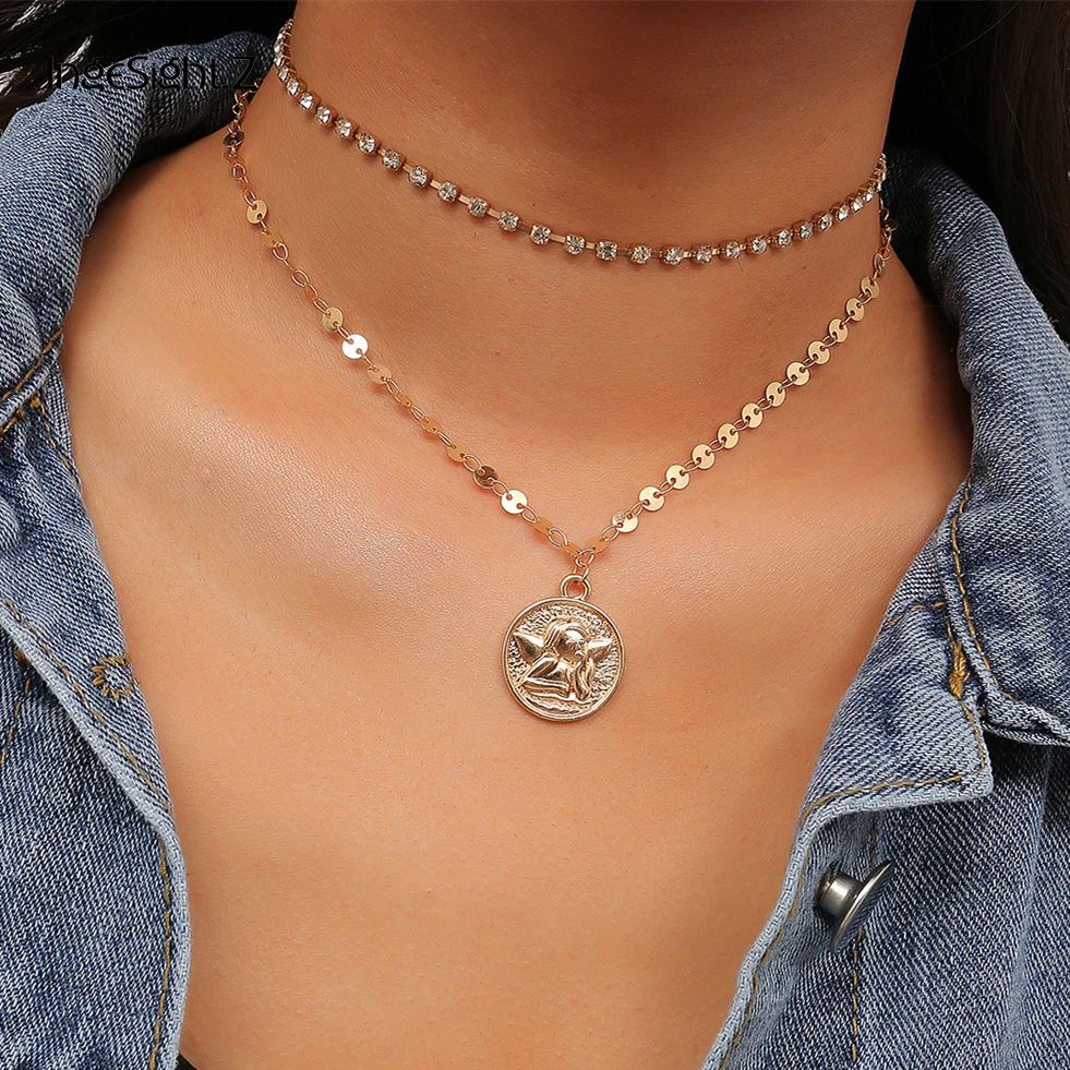 Ingesight.Z Boho 2 Style Little Angel Rose Pendant Crystal Multi Layer Choker Necklace Sequin Chain Fashion Women Jewelry Female
Ingesight.Z Boho 2 Style Little Angel Rose Pendant Crystal Multi Layer Choker Necklace Sequin Chain Fashion Women Jewelry Female