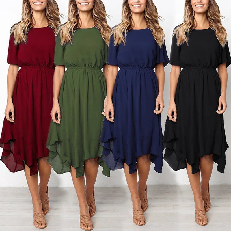 Summer Irregular Solid Women's Dress New Casual O-neck Short Sleeve Dresses Elegant Tunic Knee Length Sexy Basic Dress Vestidos
Summer Irregular Solid Women's Dress New Casual O-neck Short Sleeve Dresses Elegant Tunic Knee Length Sexy Basic Dress Vestidos