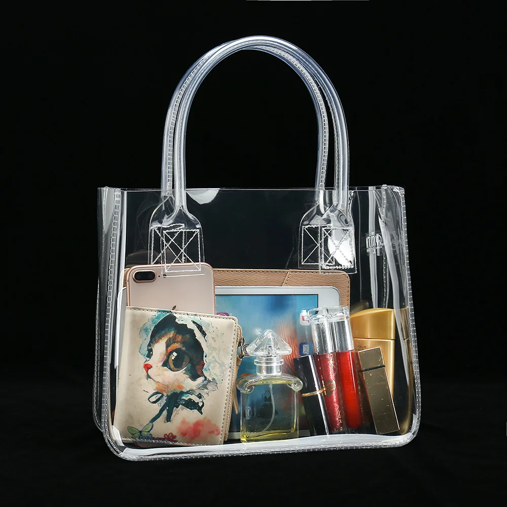 Thick clear PVC cosmetic tote toiletry promotional shopping bag available for custom
Thick clear PVC cosmetic tote toiletry promotional shopping bag available for custom