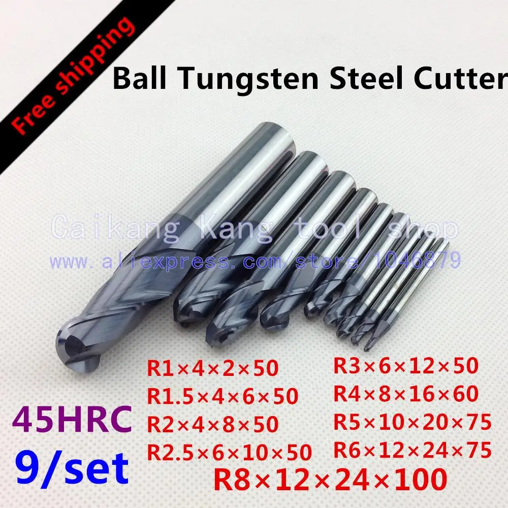 Free shipping 9/set Cutting Hardness: 45HRC Ball tungsten steel cutter CNC milling Cutter R1/1.5/2/2.5/3/4/5/6/8
Free shipping 9/set Cutting Hardness: 45HRC Ball tungsten steel cutter CNC milling Cutter R1/1.5/2/2.5/3/4/5/6/8