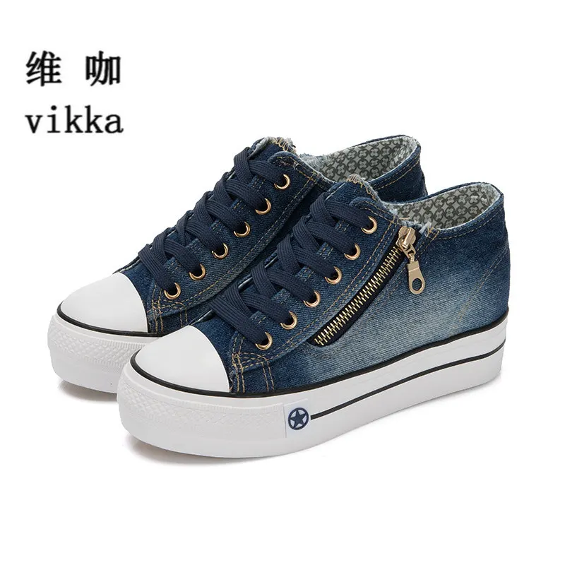 Image Newest Fashion Summer Wedges Canvas Shoes Women Casual Shoes Female Jeans Blue Superstar Zapatos Mujer Trainers 6 cm Height