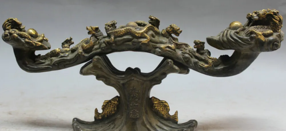 14" China Bronze Gilt Wealth Fish Nine Dragon Play Bead Auspicious RuYi Statue S0706
14" China Bronze Gilt Wealth Fish Nine Dragon Play Bead Auspicious RuYi Statue S0706