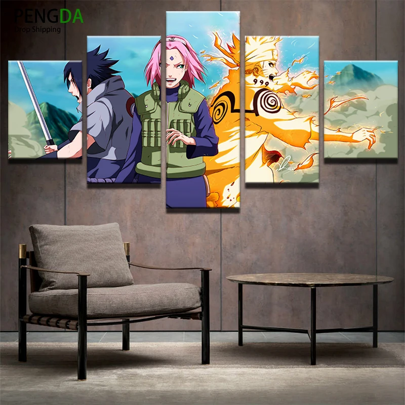 Image PENGDA Printed Landscape Modular Picture Frame Large Canvas Print Painting 5 Panel Cartoon Naruto Characters Home Wall Art Decor