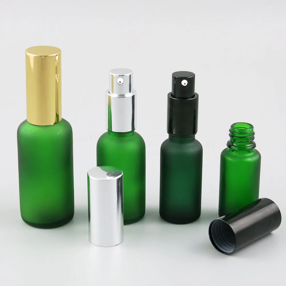 

200 x 100ml 50ml 30ml 20ml 15ml 10ml Refillable Frost Green lotion Pump Bottle 1oz 1/3oz Glass Containers With Aluminium Pump