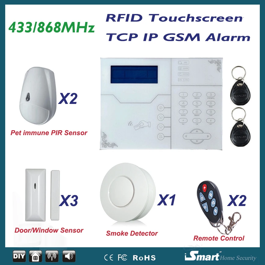 868MHz Alarma Casa Wireless Wired GSM TCP IP Network Alarme Systems with Pet Immune PIR Detector and Smoke Detector
868MHz Alarma Casa Wireless Wired GSM TCP IP Network Alarme Systems with Pet Immune PIR Detector and Smoke Detector
