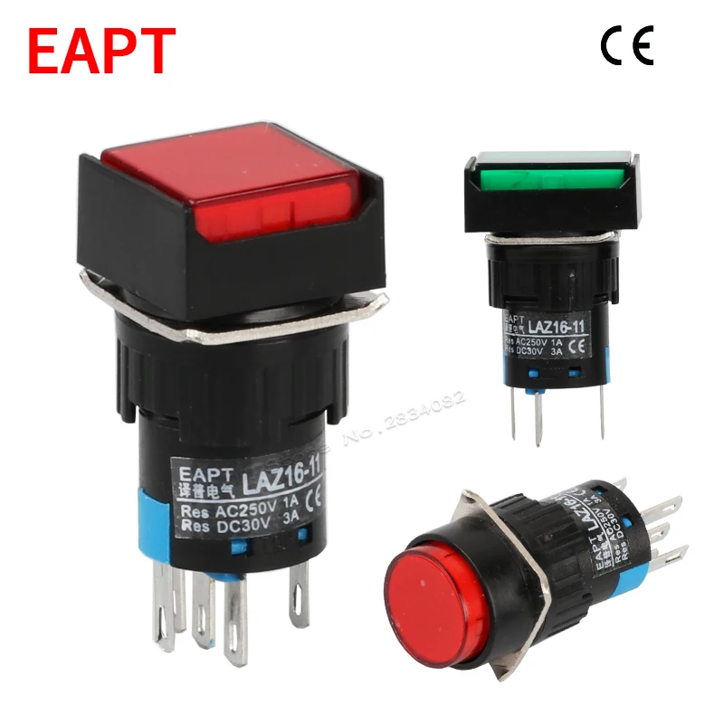 

5PCS 16mm LED momentary illuminated suqare round rectangle push button switch 1NO1NC 5 pin spring return 6V 12V 24V 220V 110V