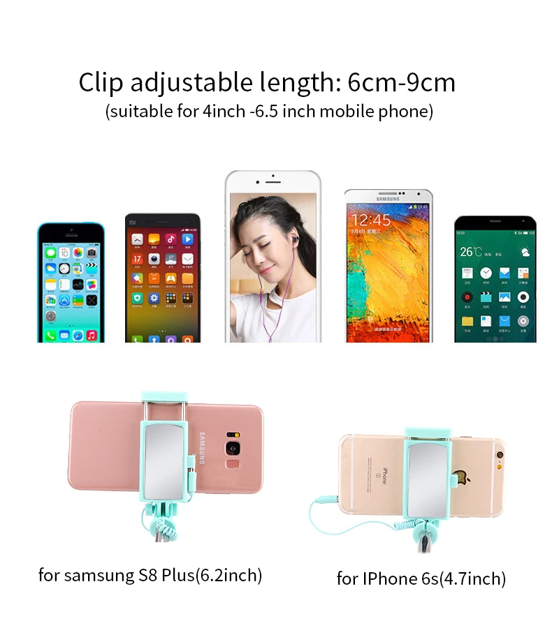 HOTR Mirror Selfie Stick Monopod Premium Quality Wired Selfie Stick Extendable for iPhone 6 Plus 5 5s 4s For Samsung S8 plus s7