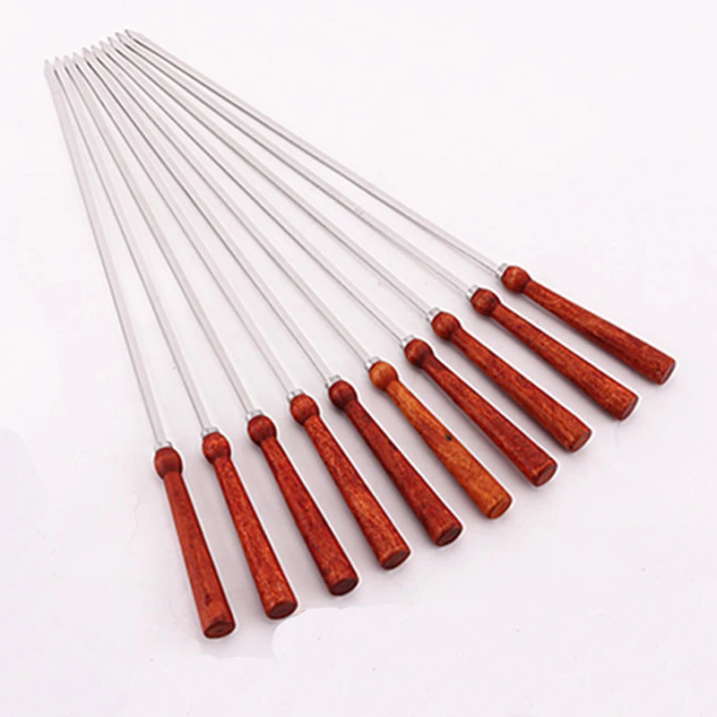 

New 10pcs 16.9''(43cm) Grilling Skewers BBQ Grill Tools 304 Stainless Steel BBQ Skewer Barbecue Skewers with Wooden Handle