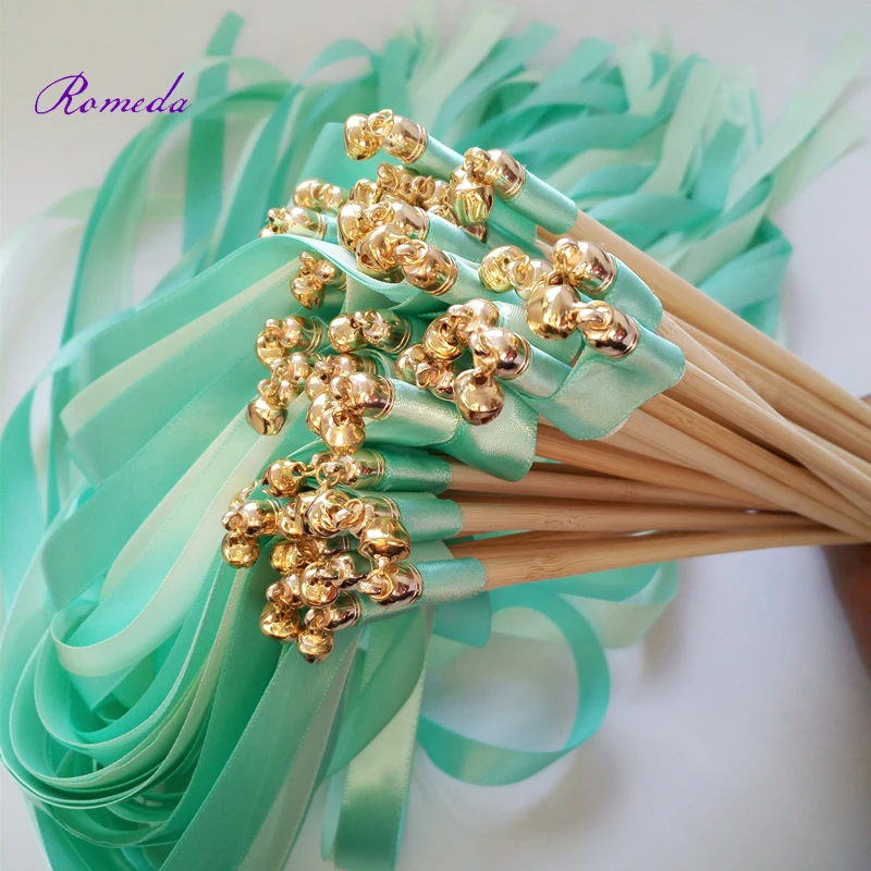 New style 50pcs/lot mint and green stain ribbon wedding stick wands With gold Bells for wedding decoration
New style 50pcs/lot mint and green stain ribbon wedding stick wands With gold Bells for wedding decoration