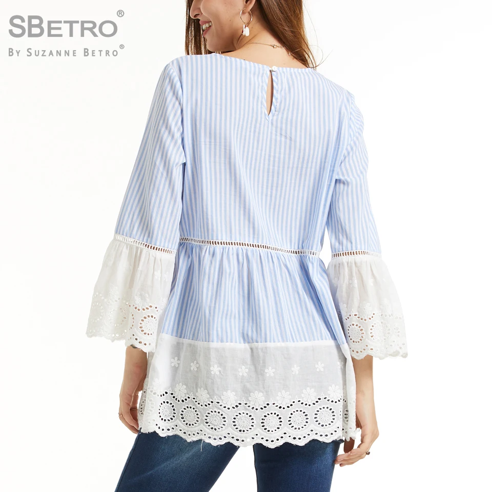 

SBetro Women's Stripe Voile Eyelet Border Tunic Women Ladies Femme XXXL Plus Size