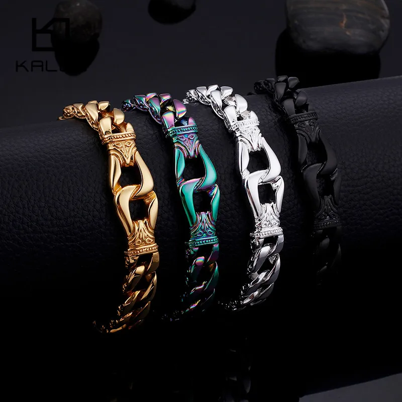 Фото Stainless Steel 4 Colors Handcuff Charm Bracelets For Men 22.5cm Gold Linking Chain Punk Wrap Bracelet Jewelry | Украшения и