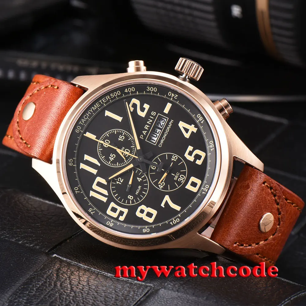 43mm parnis rose golden case black dial orange marks date week Full chronograph quartz mens watch
43mm parnis rose golden case black dial orange marks date week Full chronograph quartz mens watch