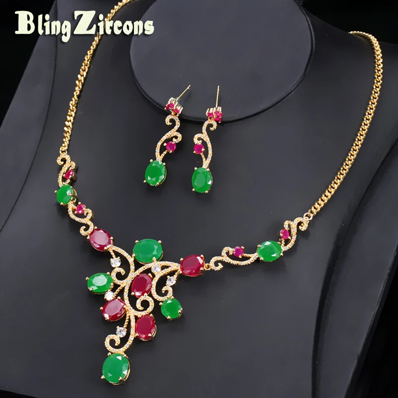 BlingZircons Dubai Gold Color Wedding Jewelry Turkish Red Green Oval Cubic Zirconia Stone Necklace Earrings Set For Women JS099
BlingZircons Dubai Gold Color Wedding Jewelry Turkish Red Green Oval Cubic Zirconia Stone Necklace Earrings Set For Women JS099
