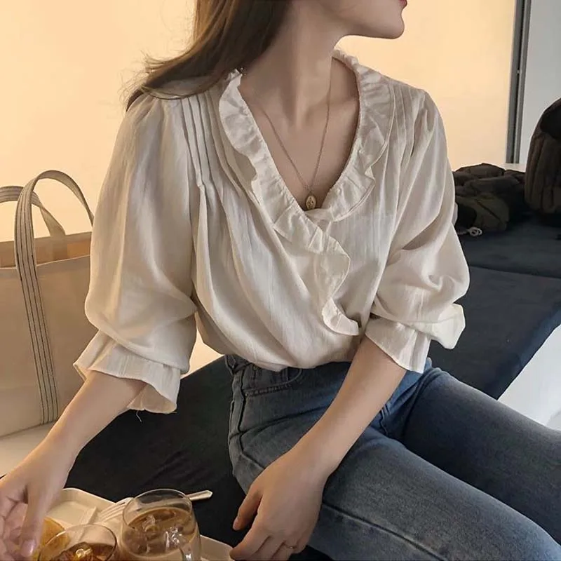 Womens Spring Summer Cotton Blouses Ladies Tops Flare Sleeve Ruffle Collar Casual Shirt Plus Size Camisas Blusas Camiseta Mujer
Womens Spring Summer Cotton Blouses Ladies Tops Flare Sleeve Ruffle Collar Casual Shirt Plus Size Camisas Blusas Camiseta Mujer
