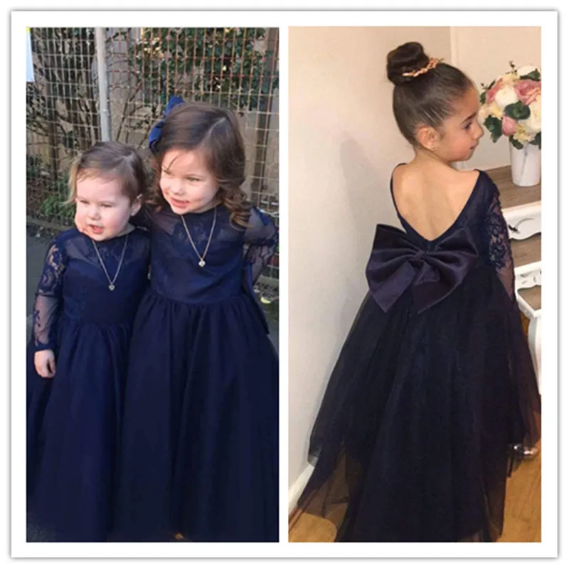 Lovely Dark Navy Tulle Backless Flower Girl Dresses with Long Lace Sleeves Kids Prom Party Gowns
Lovely Dark Navy Tulle Backless Flower Girl Dresses with Long Lace Sleeves Kids Prom Party Gowns