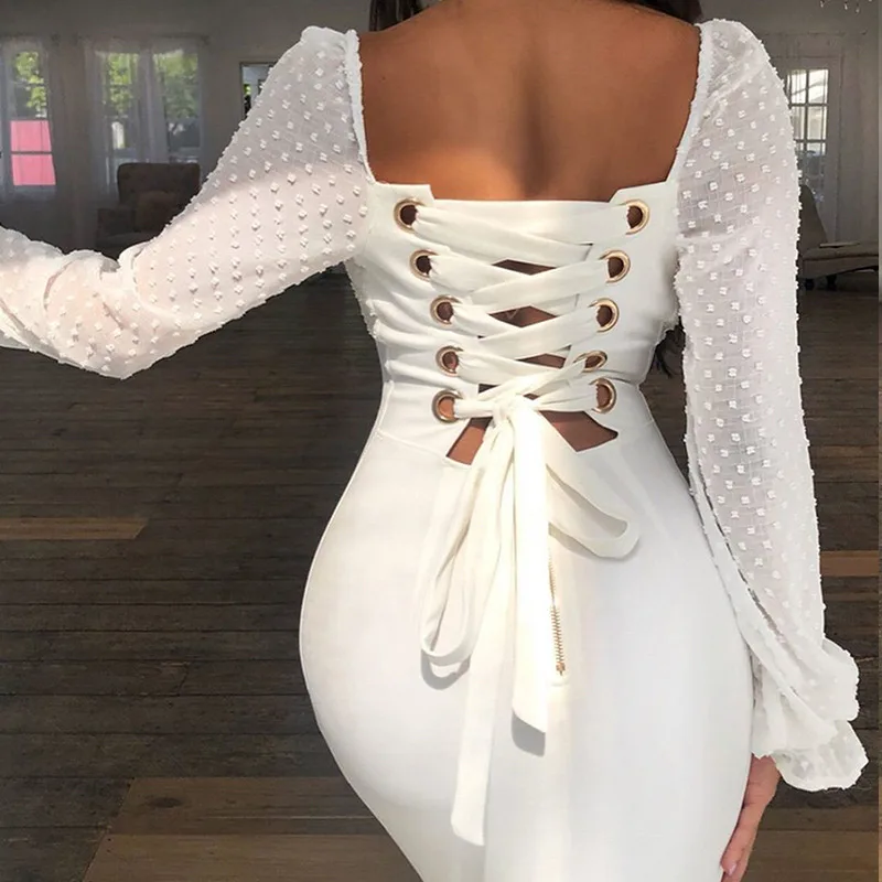 Women's Lace Up Off shoulder Flare Sleeve Backless Dress Hip Package High Waist Lace Female Dresses 2019 Summer White Lady Dress
Women's Lace Up Off shoulder Flare Sleeve Backless Dress Hip Package High Waist Lace Female Dresses 2019 Summer White Lady Dress