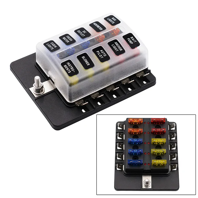 

10 Way Blade Fuse Box Holder with LED Warning Light Kit for Car Boat Marine Trike 12V 24V CS-579B3