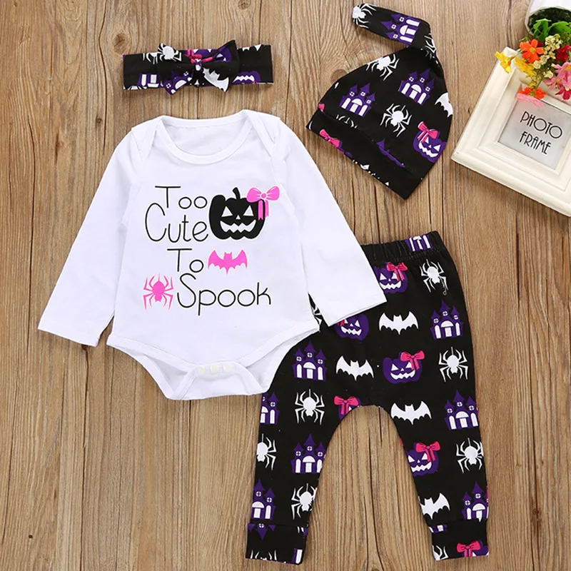 

Baby Girl Clothes Sets Halloween Pumpkin Costumes Newborn Bodysuits Black Pant Caps Headband Suit Cartoon Nightmare Jumpsuit Top