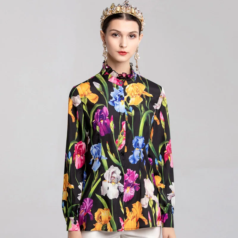 Fashion Runway blouses 2019 Women's Long sleeve Designer Irises Flower Printed Stand Ruffles Collar Shirts Tops 3XL
Fashion Runway blouses 2019 Women's Long sleeve Designer Irises Flower Printed Stand Ruffles Collar Shirts Tops 3XL
