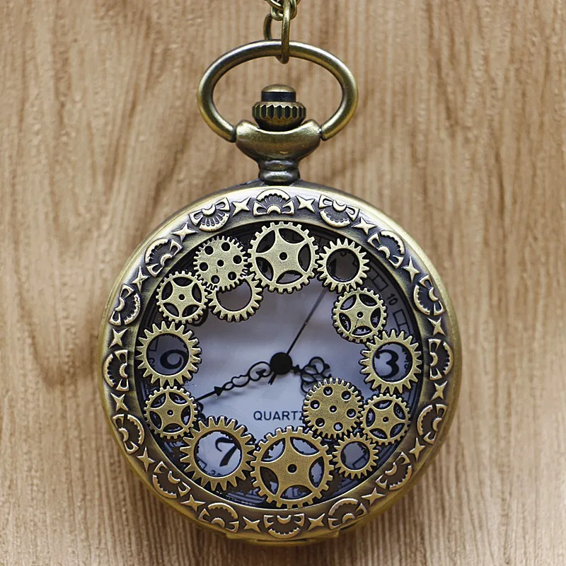 Ретро Шестерни Полые бронза карманные часы кулон Цепочки и ожерелья брелок Для