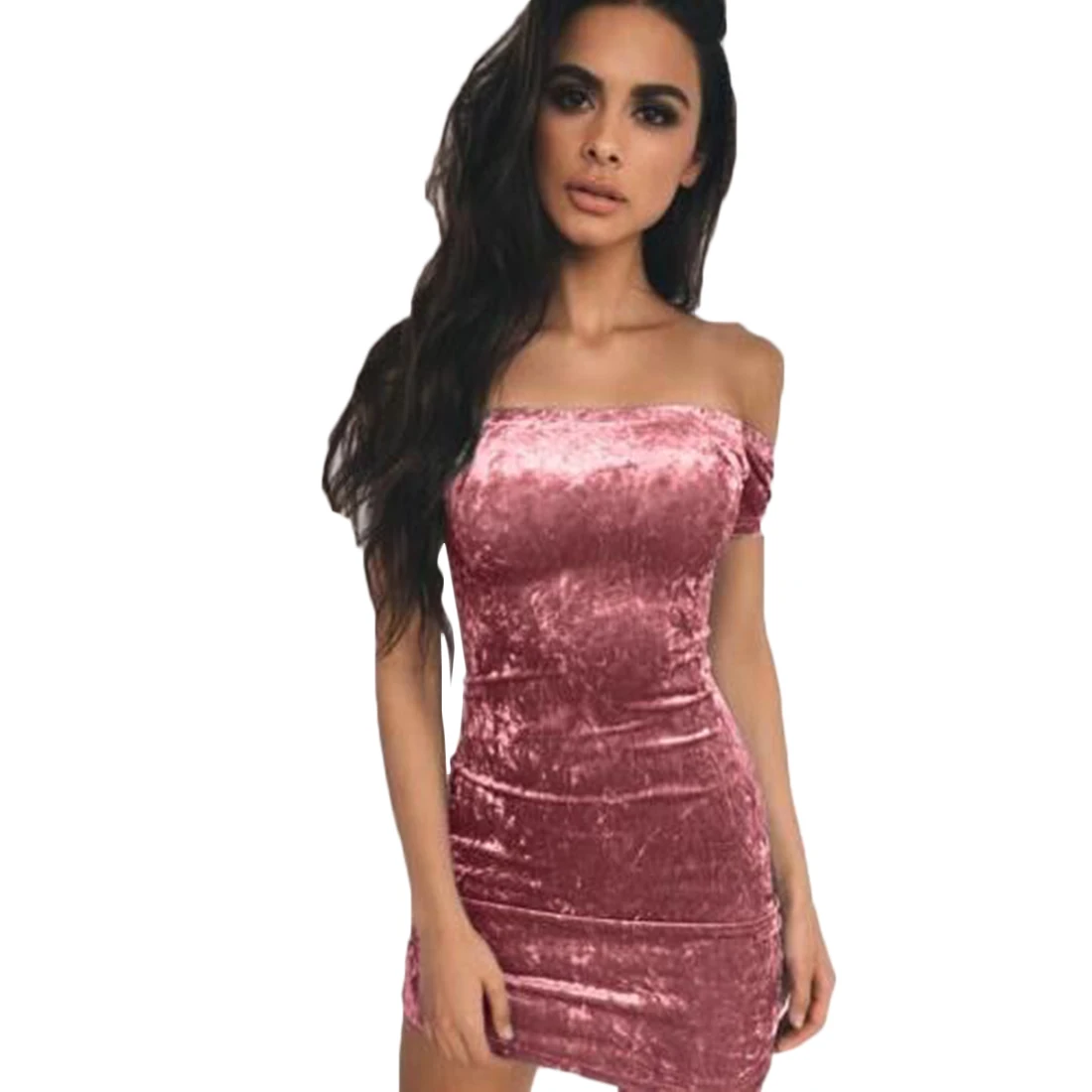 pink  Off Shoulder Velvet Mini Dress