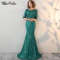 PotN'Patio Half Sleeves Green Evening Dresses Long O-neck Backless Sequin Mermaid Prom Dresses 2018 Special Occasion Dresses image