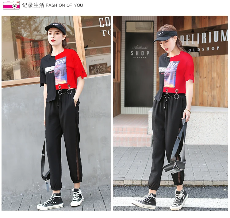 Printed Patchwork Color Short Sleeve Irregular T-shirts Jumper Tees+Hollow Out High Waist Pencil Pants Women Casual Punk Suits
Printed Patchwork Color Short Sleeve Irregular T-shirts Jumper Tees+Hollow Out High Waist Pencil Pants Women Casual Punk Suits